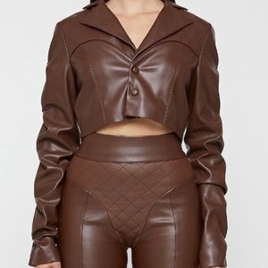 Maniere De Voir - Tacked Vegan Leather Cropped Jacket